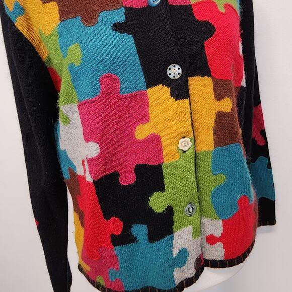 Vintage Susan Bristol Puzzle Knit Cardigan Size M Embroidery Silk Angora Autism - Picture 7 of 15